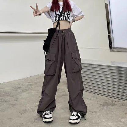 2024 Women Casual Joggers Tech Pants Solid Low Waist Pants Drawstring Wide Leg Baggy Trousers Y2k Streetwear Oversize Sweatpants - TrendHavenCo