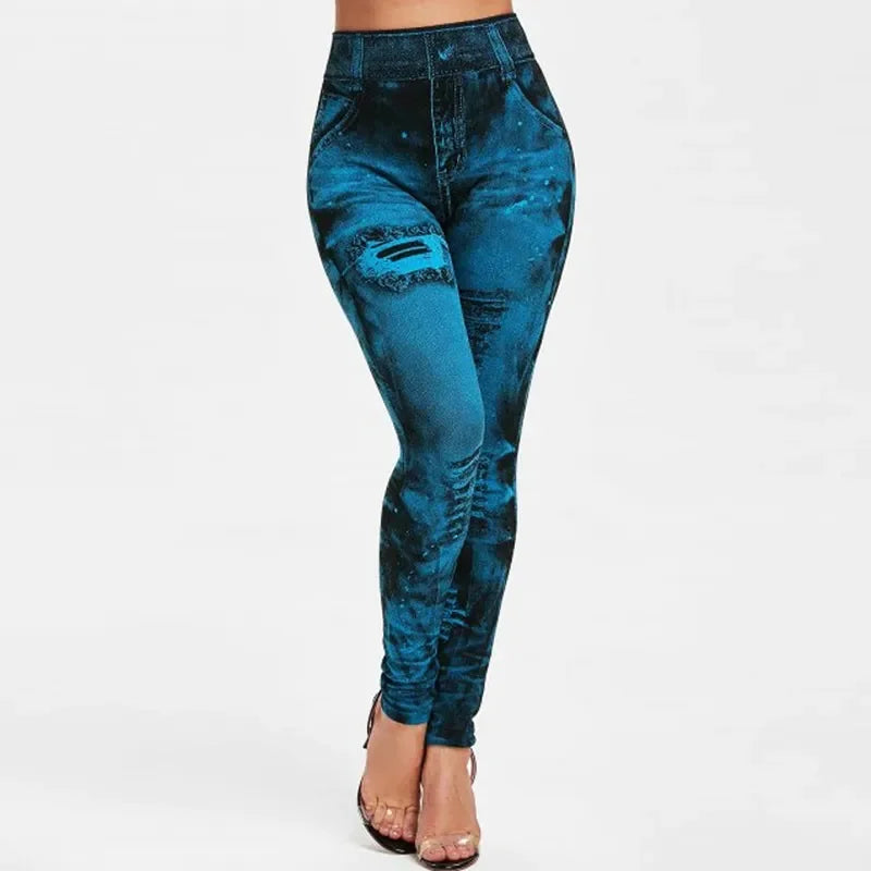 Women Imitation Jeans Stretch Leggings Fashion Sexy Slim Push Up Lady Gym Leggings Causal Simple High Waist Streetwear Leggings - TrendHavenCo