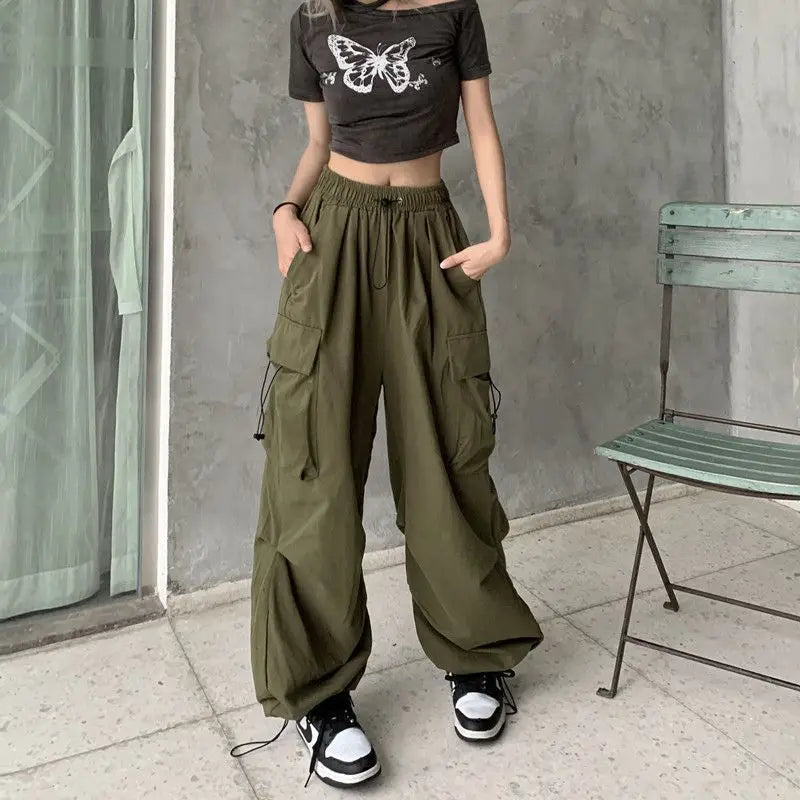 2024 Women Casual Joggers Tech Pants Solid Low Waist Pants Drawstring Wide Leg Baggy Trousers Y2k Streetwear Oversize Sweatpants - TrendHavenCo
