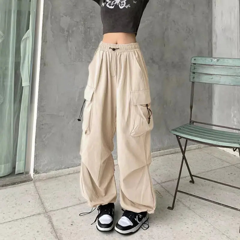 2024 Women Casual Joggers Tech Pants Solid Low Waist Pants Drawstring Wide Leg Baggy Trousers Y2k Streetwear Oversize Sweatpants - TrendHavenCo