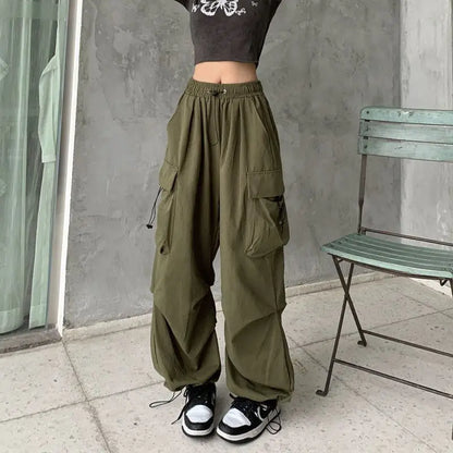 2024 Women Casual Joggers Tech Pants Solid Low Waist Pants Drawstring Wide Leg Baggy Trousers Y2k Streetwear Oversize Sweatpants - TrendHavenCo