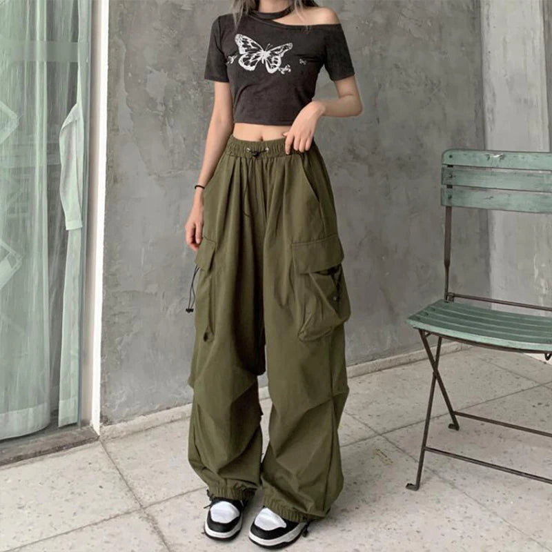 2024 Women Casual Joggers Tech Pants Solid Low Waist Pants Drawstring Wide Leg Baggy Trousers Y2k Streetwear Oversize Sweatpants - TrendHavenCo