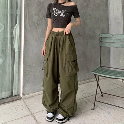 2024 Women Casual Joggers Tech Pants Solid Low Waist Pants Drawstring Wide Leg Baggy Trousers Y2k Streetwear Oversize Sweatpants - TrendHavenCo