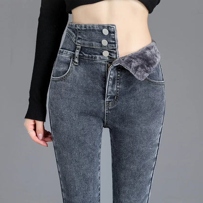 Thermal Winter Thick Fleece High-waist Warm Skinny Jeans Thick Women Stretch Button Pencil Pants Mom Casual Velvet Jeans - TrendHavenCo
