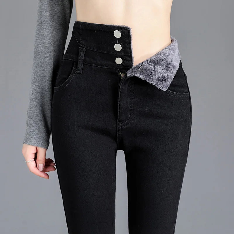 Thermal Winter Thick Fleece High-waist Warm Skinny Jeans Thick Women Stretch Button Pencil Pants Mom Casual Velvet Jeans - TrendHavenCo