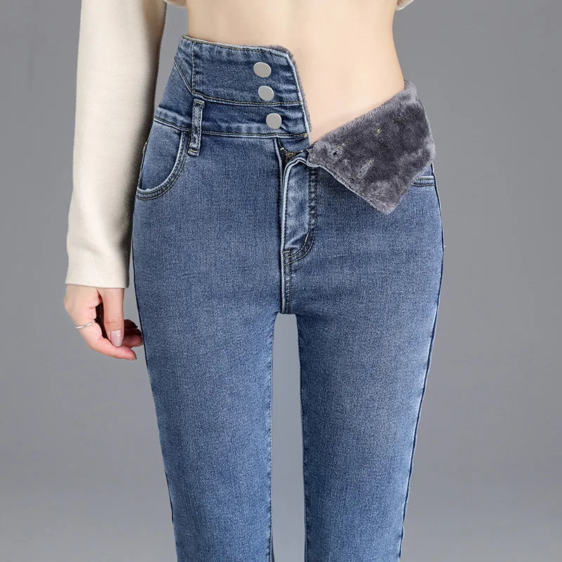 Thermal Winter Thick Fleece High-waist Warm Skinny Jeans Thick Women Stretch Button Pencil Pants Mom Casual Velvet Jeans - TrendHavenCo