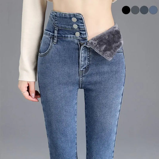 Thermal Winter Thick Fleece High-waist Warm Skinny Jeans Thick Women Stretch Button Pencil Pants Mom Casual Velvet Jeans - TrendHavenCo