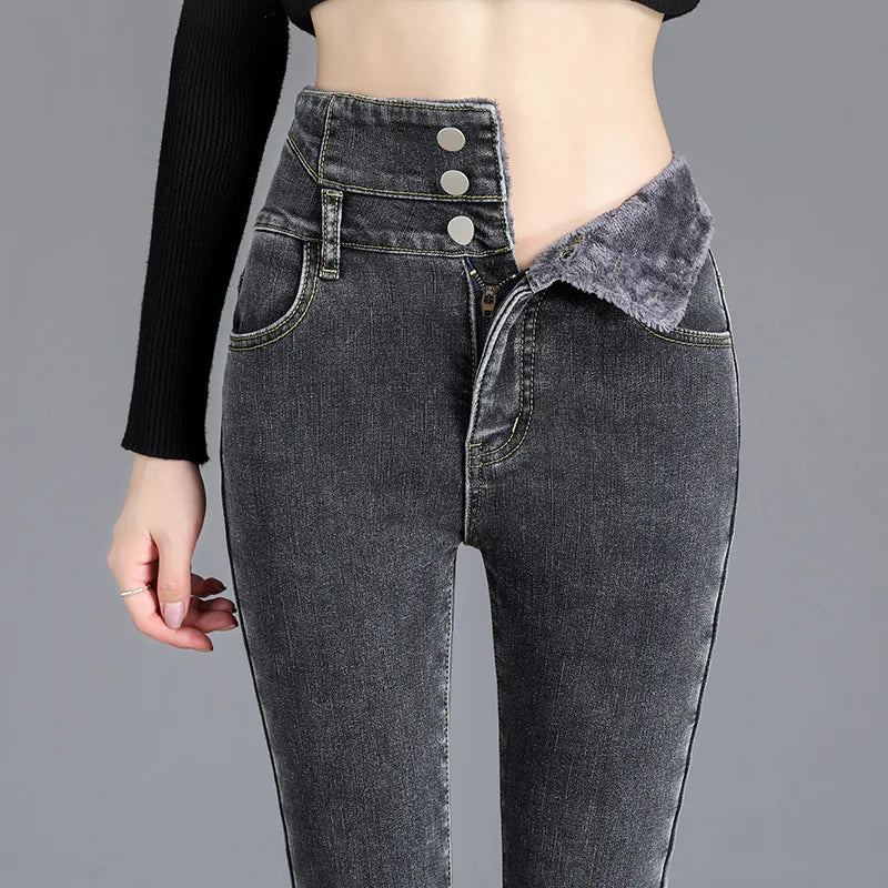 Thermal Winter Thick Fleece High-waist Warm Skinny Jeans Thick Women Stretch Button Pencil Pants Mom Casual Velvet Jeans - TrendHavenCo