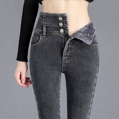 Thermal Winter Thick Fleece High-waist Warm Skinny Jeans Thick Women Stretch Button Pencil Pants Mom Casual Velvet Jeans - TrendHavenCo