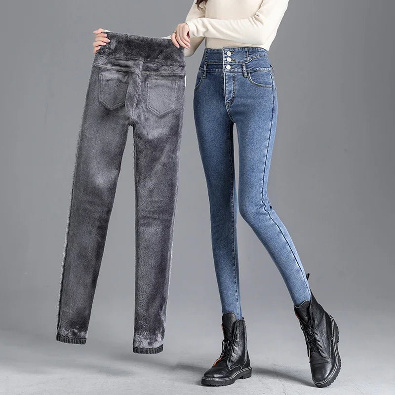 Thermal Winter Thick Fleece High-waist Warm Skinny Jeans Thick Women Stretch Button Pencil Pants Mom Casual Velvet Jeans - TrendHavenCo
