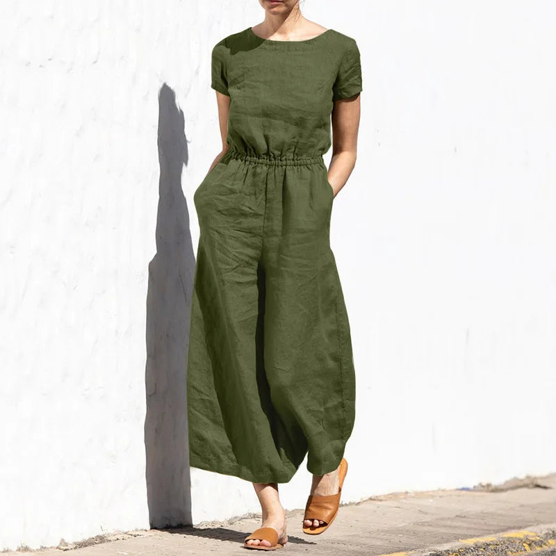 Jazlyn | O Neck Short Sleeve High Waist Wide Leg Pants