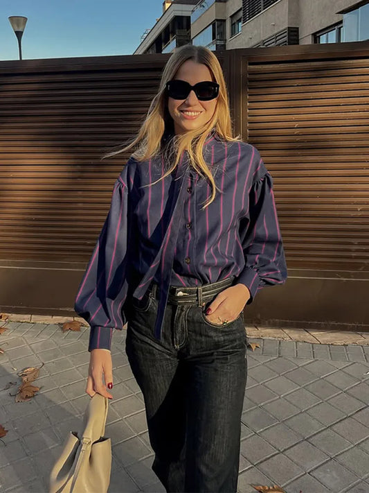 Striped Women Casual Lace Up Blouse Fashion O Neck Long Sleeve Single-breasted Loose Shirt 2025 Spring New Female Commuting Tops - TrendHavenCo