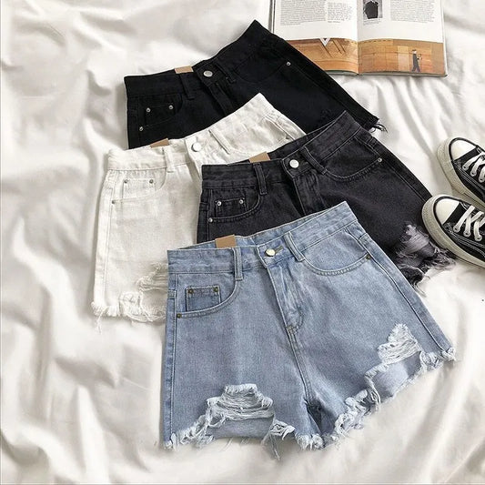 Korean Denim Shorts Women Summer Fashion Casual High Waist Ripped Jeans Pocket Tassel Y2K Hot Pants Streetwear Blue Trousers - TrendHavenCo