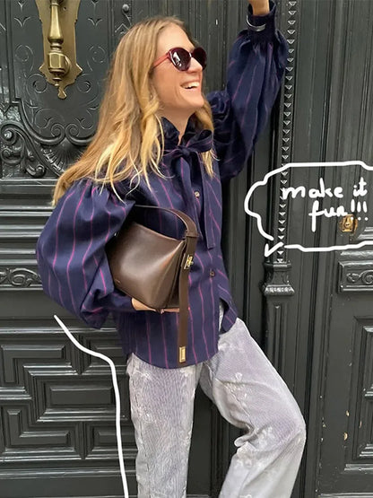 Striped Women Casual Lace Up Blouse Fashion O Neck Long Sleeve Single-breasted Loose Shirt 2025 Spring New Female Commuting Tops - TrendHavenCo