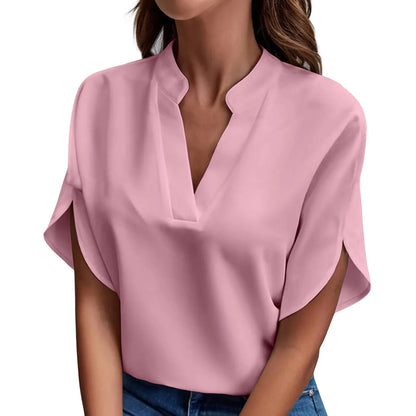 Willa | Short Sleeve Solid V Neck Loose Shirts