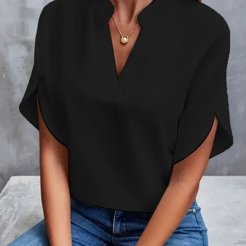 Shaira | Womens V Neck Short Sleeve Blouse - TrendHavenCo