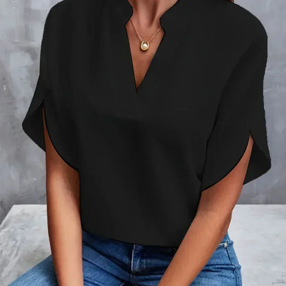 Shaira | Womens V Neck Short Sleeve Blouse - TrendHavenCo
