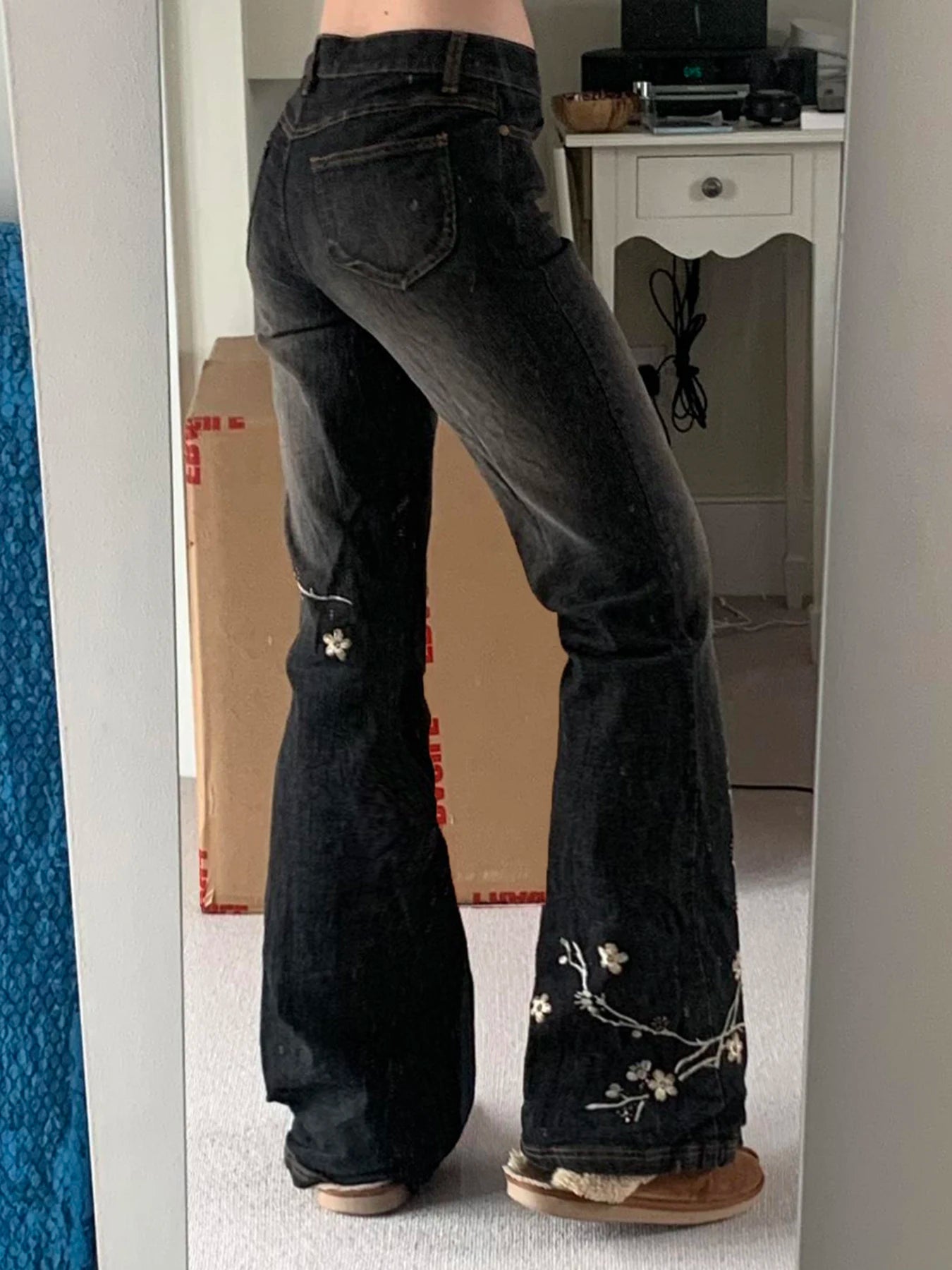 Weekeep Floral Embroidery Jeans Vintage 2000s Low Rise Flared Jeans Women Retro y2k Baggy Denim Pants High Street Basic Trousers - TrendHavenCo
