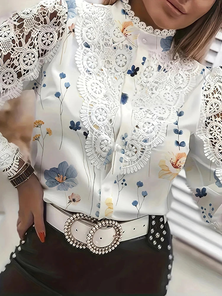 Wynter | White Collared Lace Patchwork Hollow Out Tops