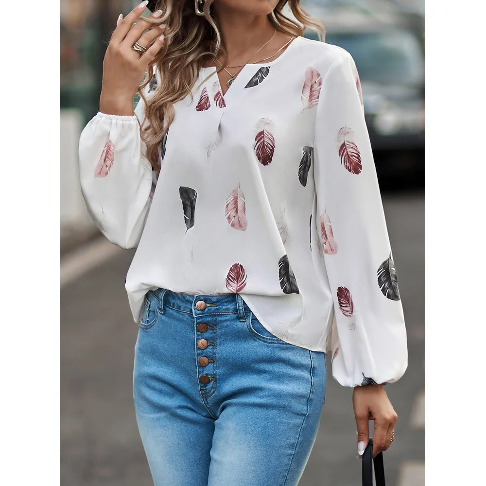 Fashion Women Temperament Elegant V-neck Shirt Long Sleeve Feather Painting Printed Loose Elegant Chiffon Flared Sleeve T Shirt - TrendHavenCo