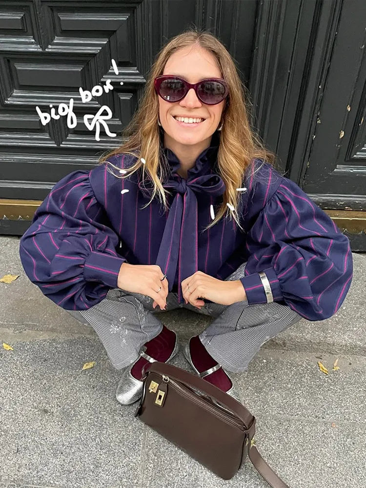 Striped Women Casual Lace Up Blouse Fashion O Neck Long Sleeve Single-breasted Loose Shirt 2025 Spring New Female Commuting Tops - TrendHavenCo