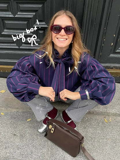 Striped Women Casual Lace Up Blouse Fashion O Neck Long Sleeve Single-breasted Loose Shirt 2025 Spring New Female Commuting Tops - TrendHavenCo