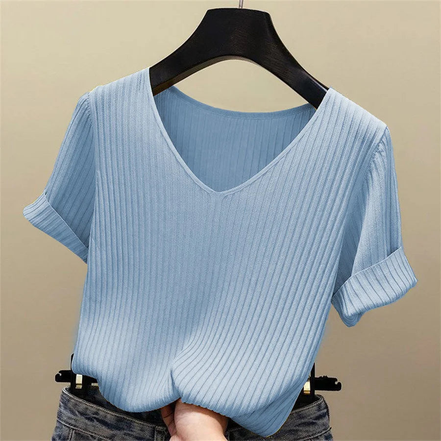 Alivia | Short Sleeve Blouse V-Neck Knitted Blouse