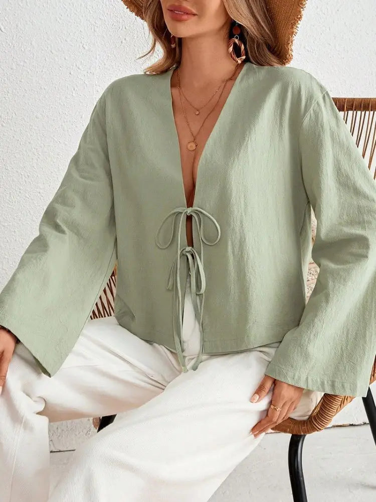 Denise | Sexy Lace Up Hollow Out Shirt V-neck - TrendHavenCo