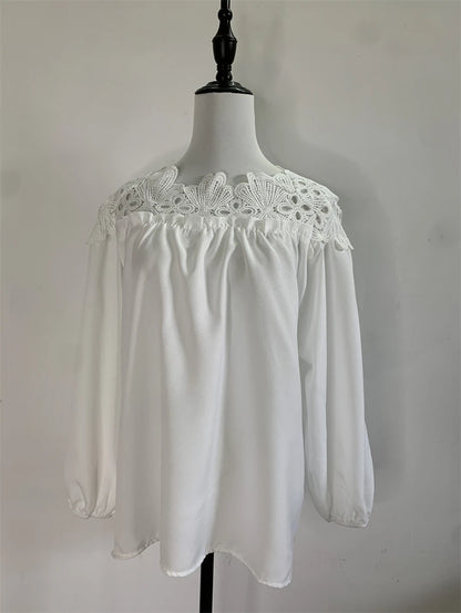 Lace Mesh Women Shirt Embroidery Patchwork Blouses 2025 Spring Long Sleeve Tops Casual Loose BlousesFemale Blusas Pullover - TrendHavenCo