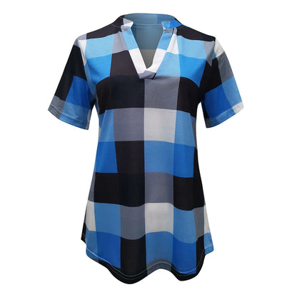 Maria | Short Sleeve Shirt V Neck Plaid Shirts - TrendHavenCo