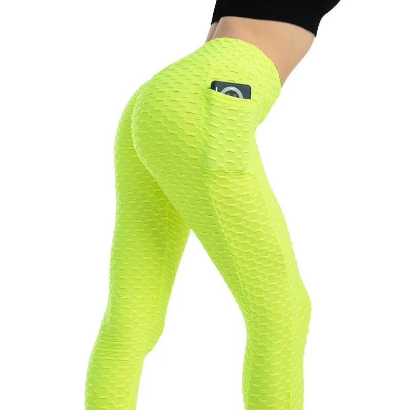 Women Fashion Pocket Bubble Pants Stretchy Slim Leggings Gym Running Cycling Fitness Pants High Waist Hip Lift Leggings Female - TrendHavenCo