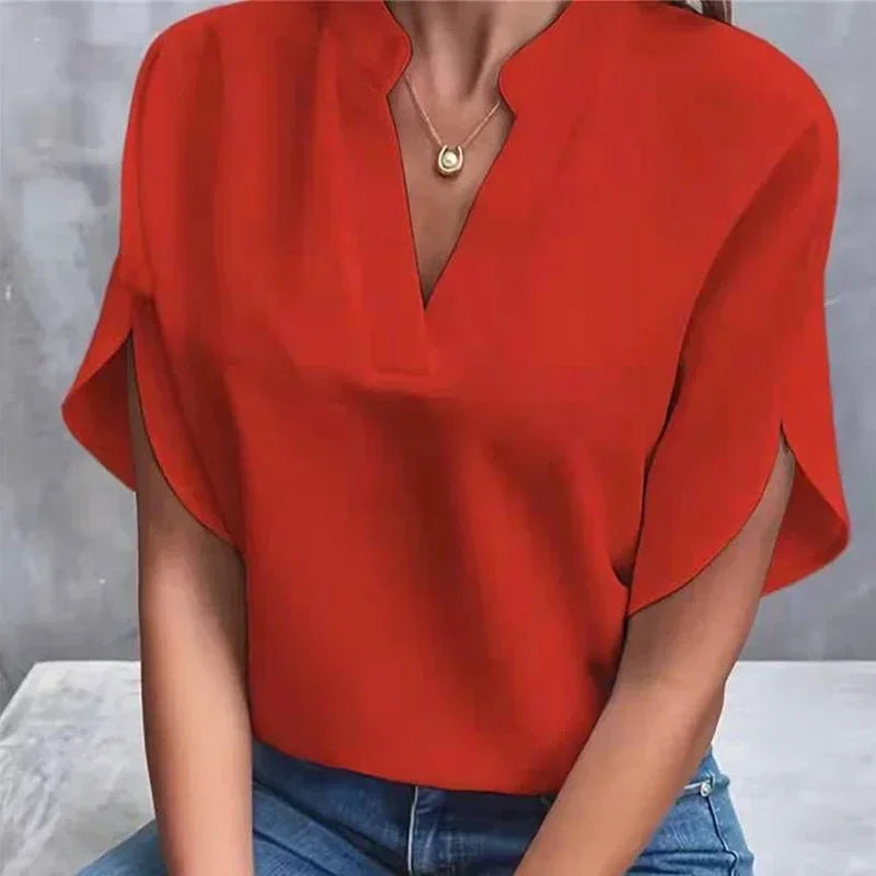 Shaira | Womens V Neck Short Sleeve Blouse - TrendHavenCo