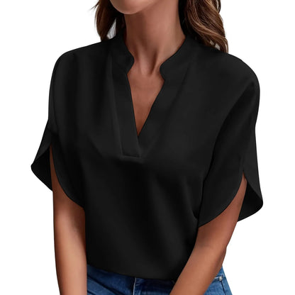 Willa | Short Sleeve Solid V Neck Loose Shirts