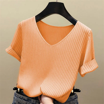 Alivia | Short Sleeve Blouse V-Neck Knitted Blouse