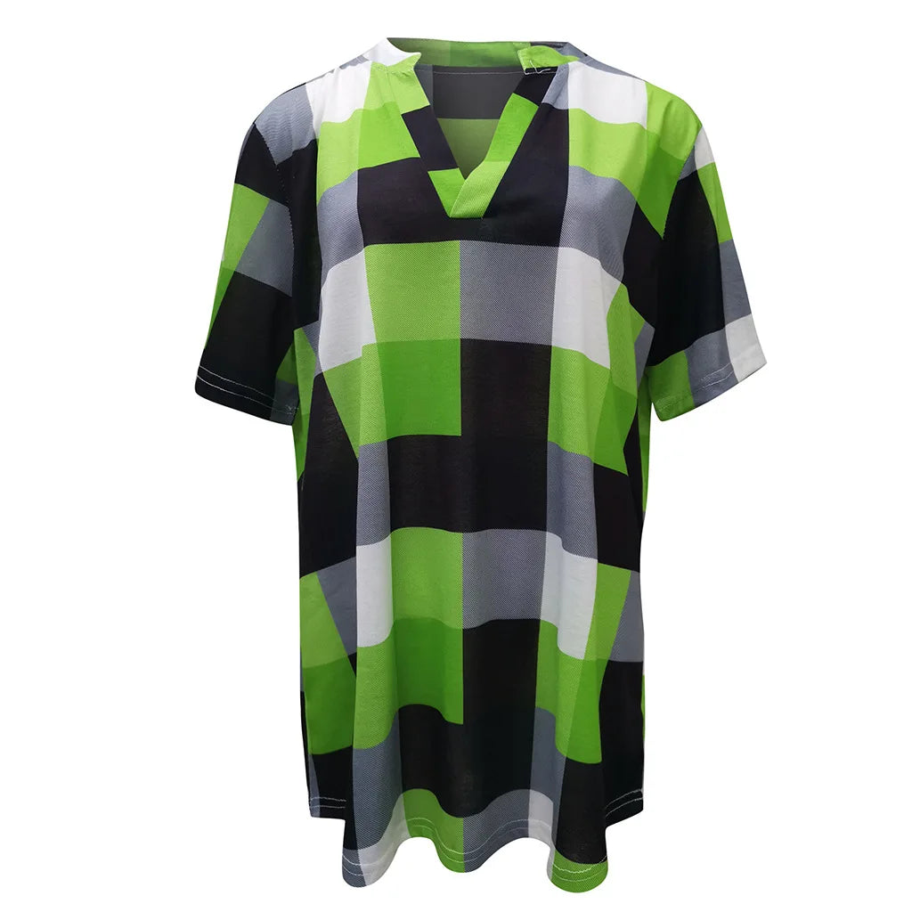 Maria | Short Sleeve Shirt V Neck Plaid Shirts - TrendHavenCo