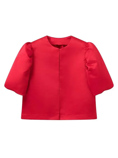 Women's Elegant Solid O-neck Satin Short Shirt Fashion Hidden Buttons Puff Half Sleeved Loose Tops New 2025 Ladies Chic Clothing - TrendHavenCo