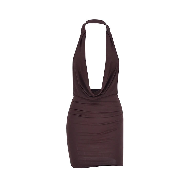 Sexy Mini Dress Women Summer Solid Fashion V-neck Backless Sleeveless Bodycon Halter Dresses Casual Elegant Party Basic Dresses - TrendHavenCo
