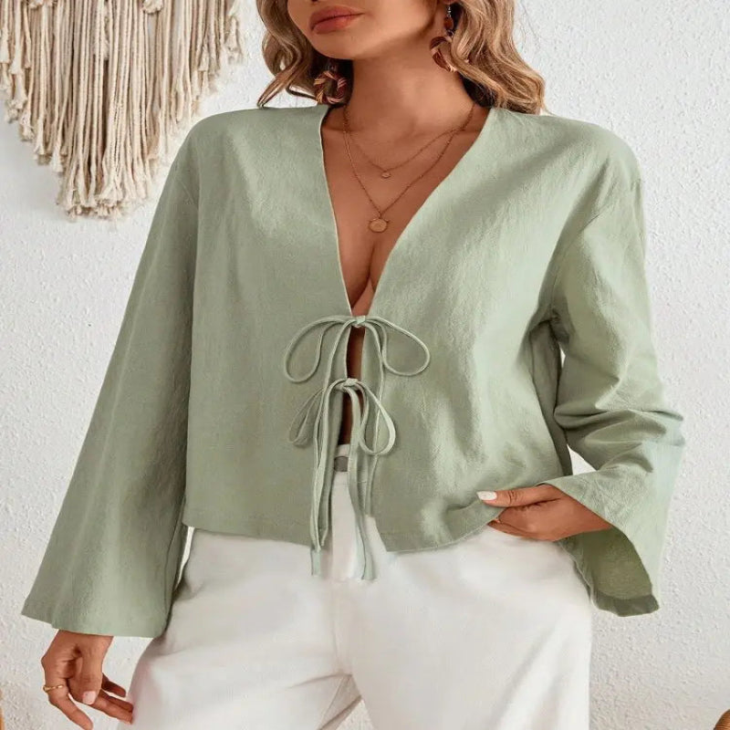 Denise | Sexy Lace Up Hollow Out Shirt V-neck - TrendHavenCo