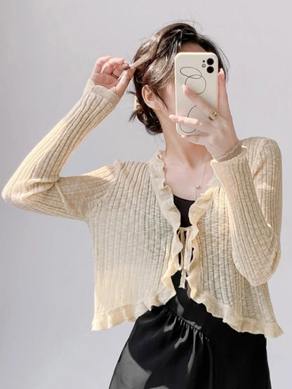 Sylvia | Lace Trim One Button Long Sleeve Crop Top