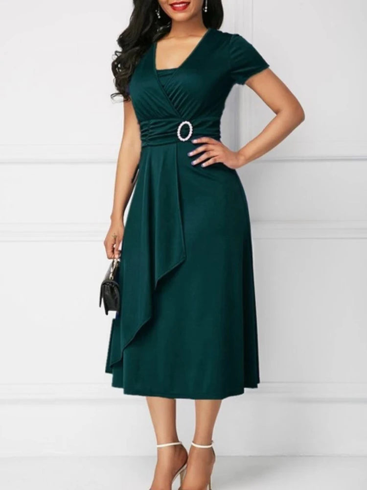 Poppy | Short Sleeve V Neck Asymmetric Hem Dress