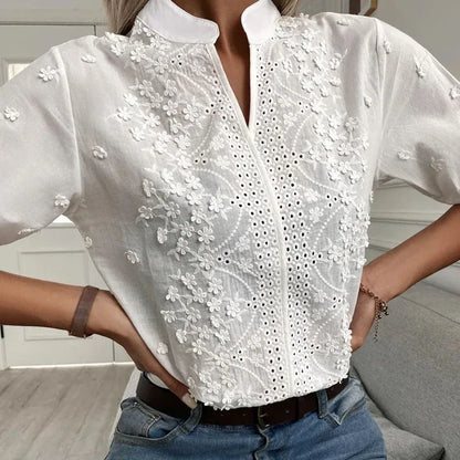 Nancy | Cotton Tops Floral Embroidery Lace Blouse - TrendHavenCo