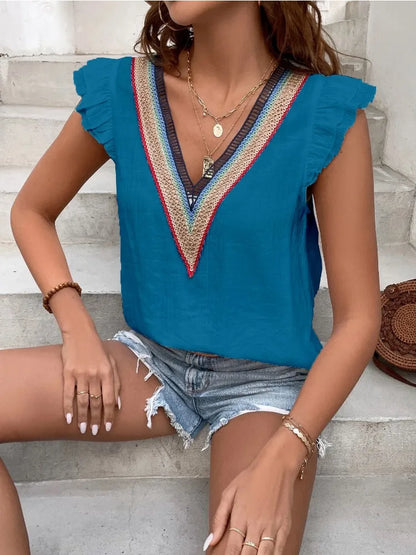Diane | V-neck Splicing Lace Shirt - TrendHavenCo