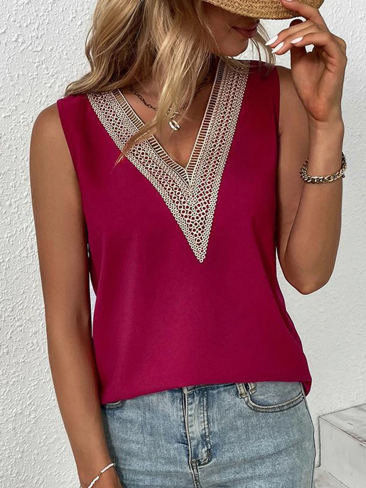Rachel | Sleeveless V-neck Lace Blouse - TrendHavenCo