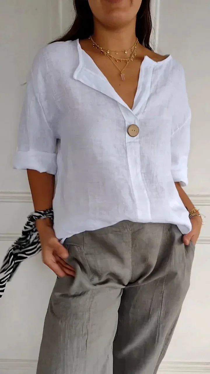 Aliyah | Women's Loose Shirt V-neck Button Top - TrendHavenCo