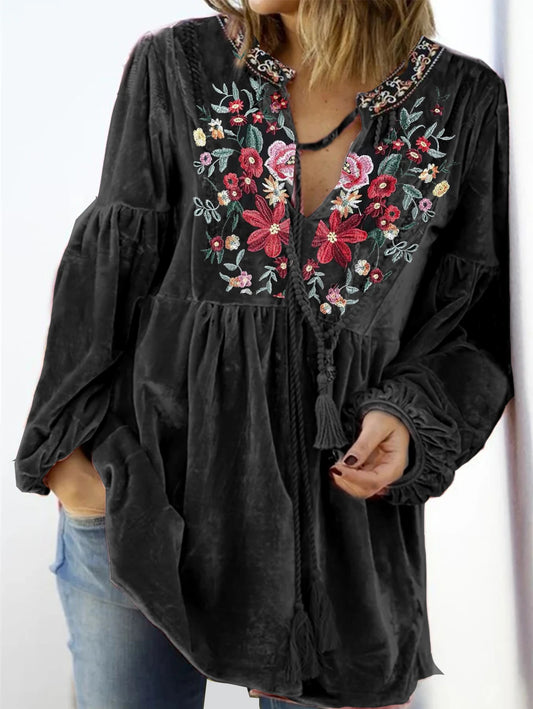 Gail | Blouse Vintage Print V Neck - TrendHavenCo