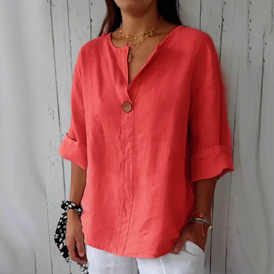 Aliyah | Women's Loose Shirt V-neck Button Top - TrendHavenCo