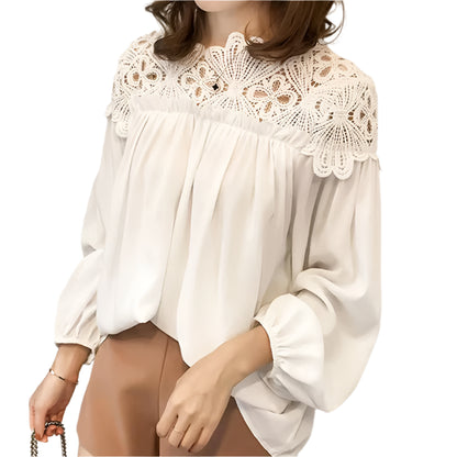 Lace Mesh Women Shirt Embroidery Patchwork Blouses 2025 Spring Long Sleeve Tops Casual Loose BlousesFemale Blusas Pullover - TrendHavenCo