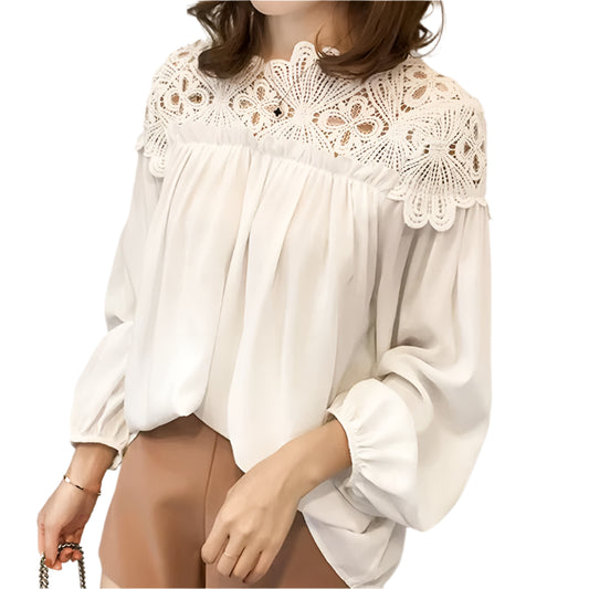 Lace Mesh Women Shirt Embroidery Patchwork Blouses 2025 Spring Long Sleeve Tops Casual Loose BlousesFemale Blusas Pullover - TrendHavenCo