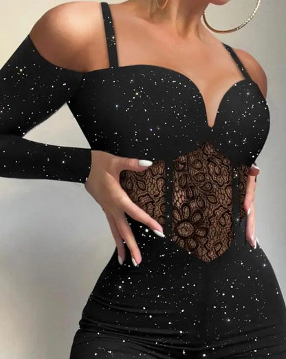 Amber | Glitter Corsets Long Sleeve Skinny Jumpsuit