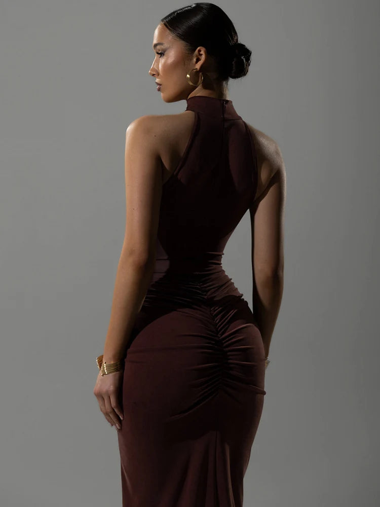 Adelina | Halter Ruched Sleeveless Sexy Maxi Dress